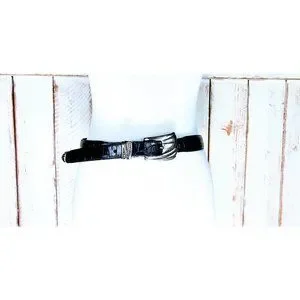 Vintage black croc/reptile embossed patent leather metal belt/Steve Blinn Design Vintage Black Croc/reptile Embossed Patent Leather Metal  main image 4